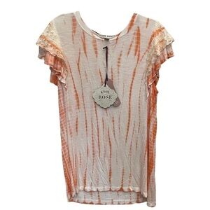 KNOX ROSE Tangerine & White Boho Ruffled Cap Sleeved Top, NWT Medium